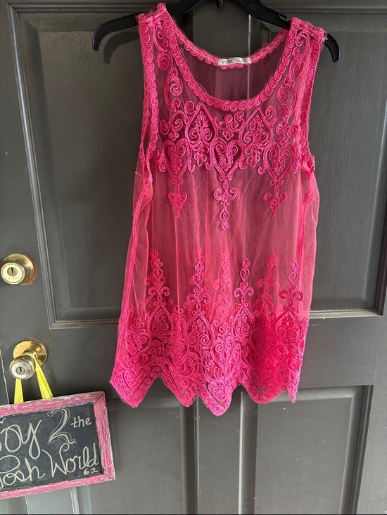 Impressions Tops - Sheer Embroidered Sleeveless Top - Hot Pink tulle and scalloped hem